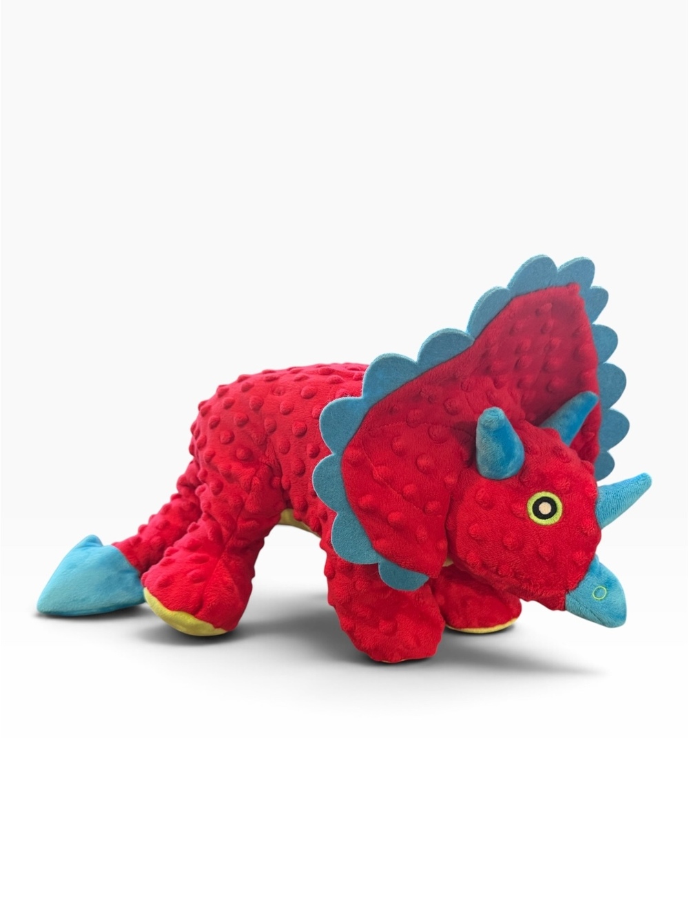 GoDog Red and Blue Triceratops Plush Dog Toy with Textured Surface